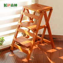 Solid wooden stairs household folding ladder spatial multifunctional thicking ladder double-use indoor climb three steps