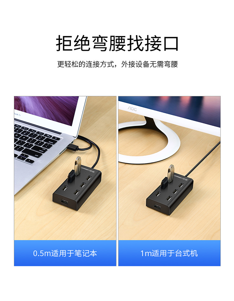 splitter usb màu xanh lá cây với nhiều trung tâm giao diện 7 nở Laptop Adapter hub chuyển đổi xốp cổng mở rộng bên ngoài splitter usb - USB Aaccessories các loại cổng sạc