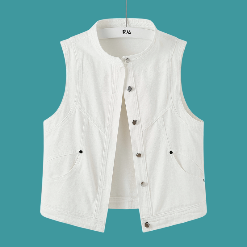 Casual Style White Round-Neck Single-Breasted Denim Vest for Women, Versatile Sleeveless Outerwear for Spring and Autumn 2026