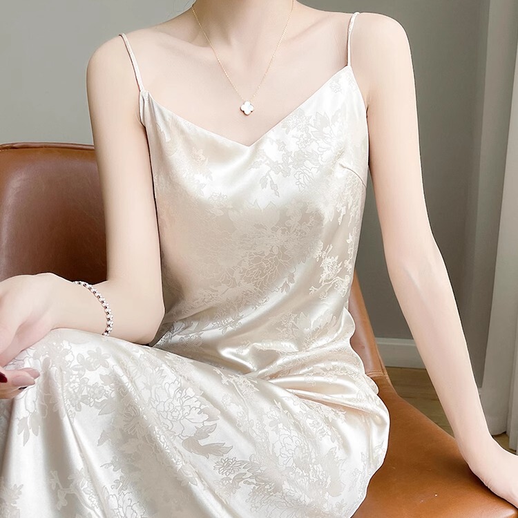 Champagne-Colored Mulberry Silk Slip Dress for Women, Satin Summer High-End Slip Dress with a V-Neck, Silk Long Dress