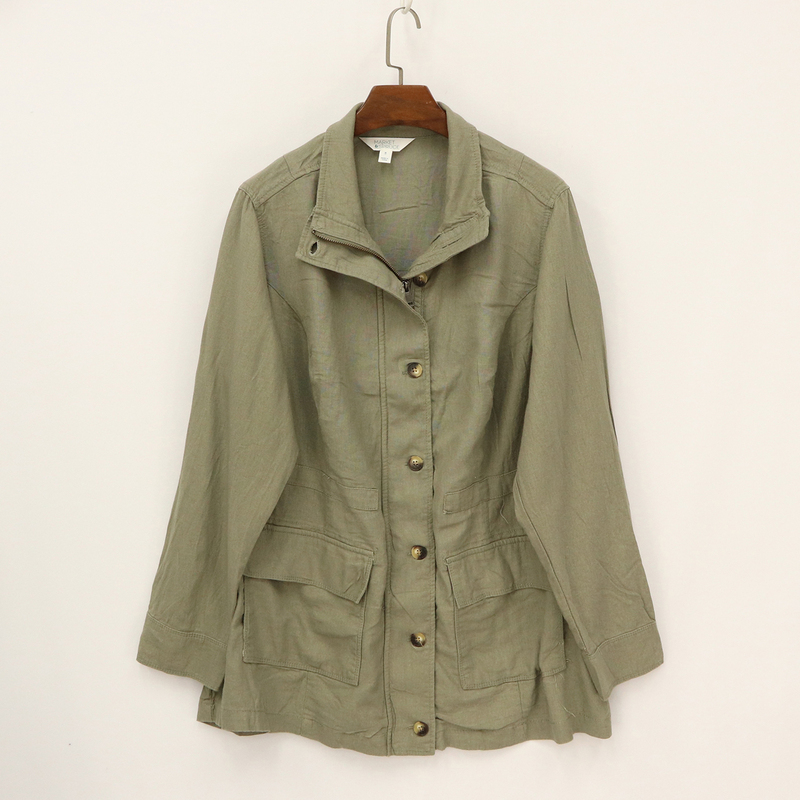 European and American Style Oversized Loose Linen Workwear Jacket with Stand Collar, Zipper, Multiple Pockets, Vintage Hunting Jacket Top