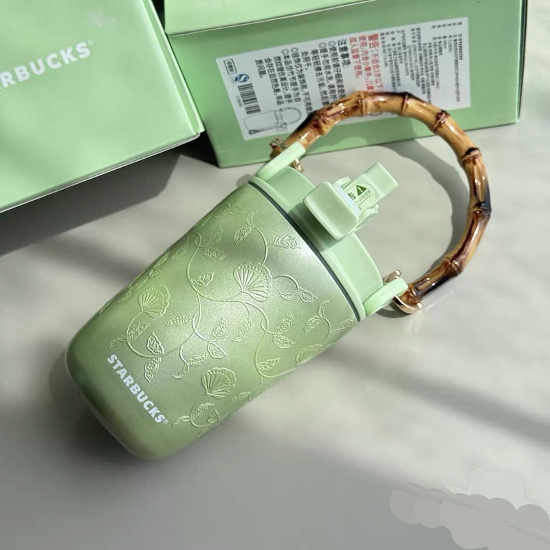 Starbucks Cup with Spring Pattern Bamboo Handle, Chinese Style Stainless Steel Double Drinking Cup with Tassel Pendant and Straw Cup for Women