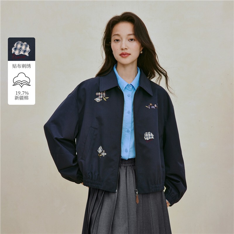 Vintage Patchwork Embroidery Short Jacket 2026 Autumn Women's New College Style Loose Lapel Jacket Vintage Patchwork Embroidery Short Jacket 2026 Autumn Women's New College Style Loose Lapel Jacket