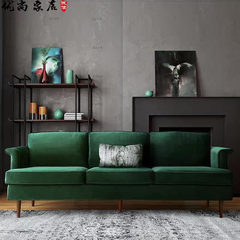 Nordic pastoral velvet fabric modern simple small apartment type living room model room dark green double sofa