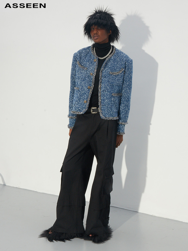 Asseen Designer's Original Heavy-Duty Washed Floral Denim Cropped Tweed Jacket, Celebrity Style