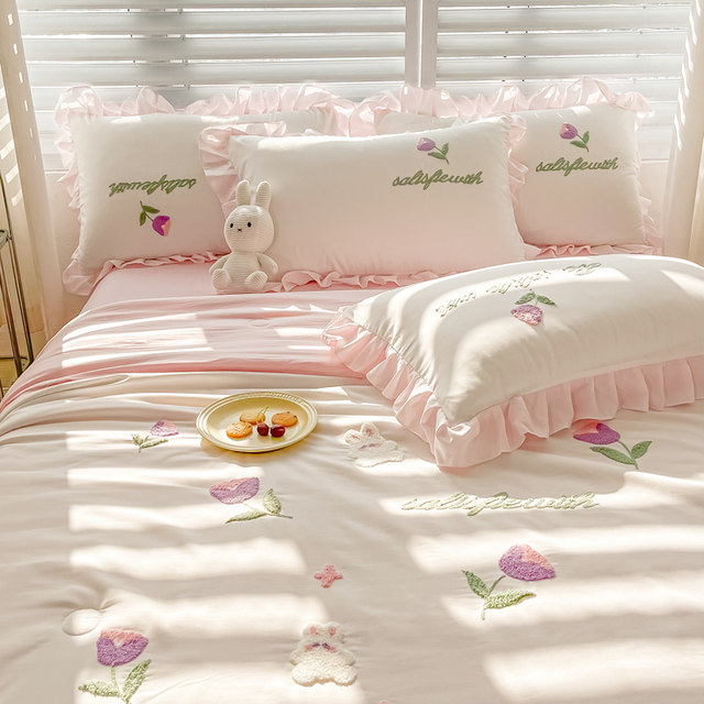 Princess style embroidered tulip lace summer cool quilt bed sheet four-piece set pure cotton-conditioning thin quilt single piece girly heart