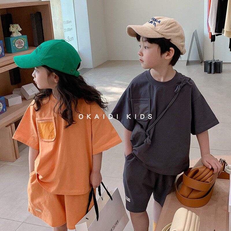 OKAIDI French children short sleeve sports suit 2022 Summer men and women children clothing pure color casual shorts Two sets