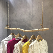 Clothing store branch display rack wall clothing rack side hanging window retro hemp rope wooden stick hanger hanging ring hanging