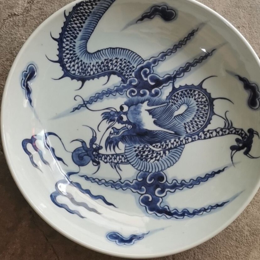 高仿清代青花过墙龙龙盘古董古玩老货旧货仿古瓷收藏摆件文房器-淘宝