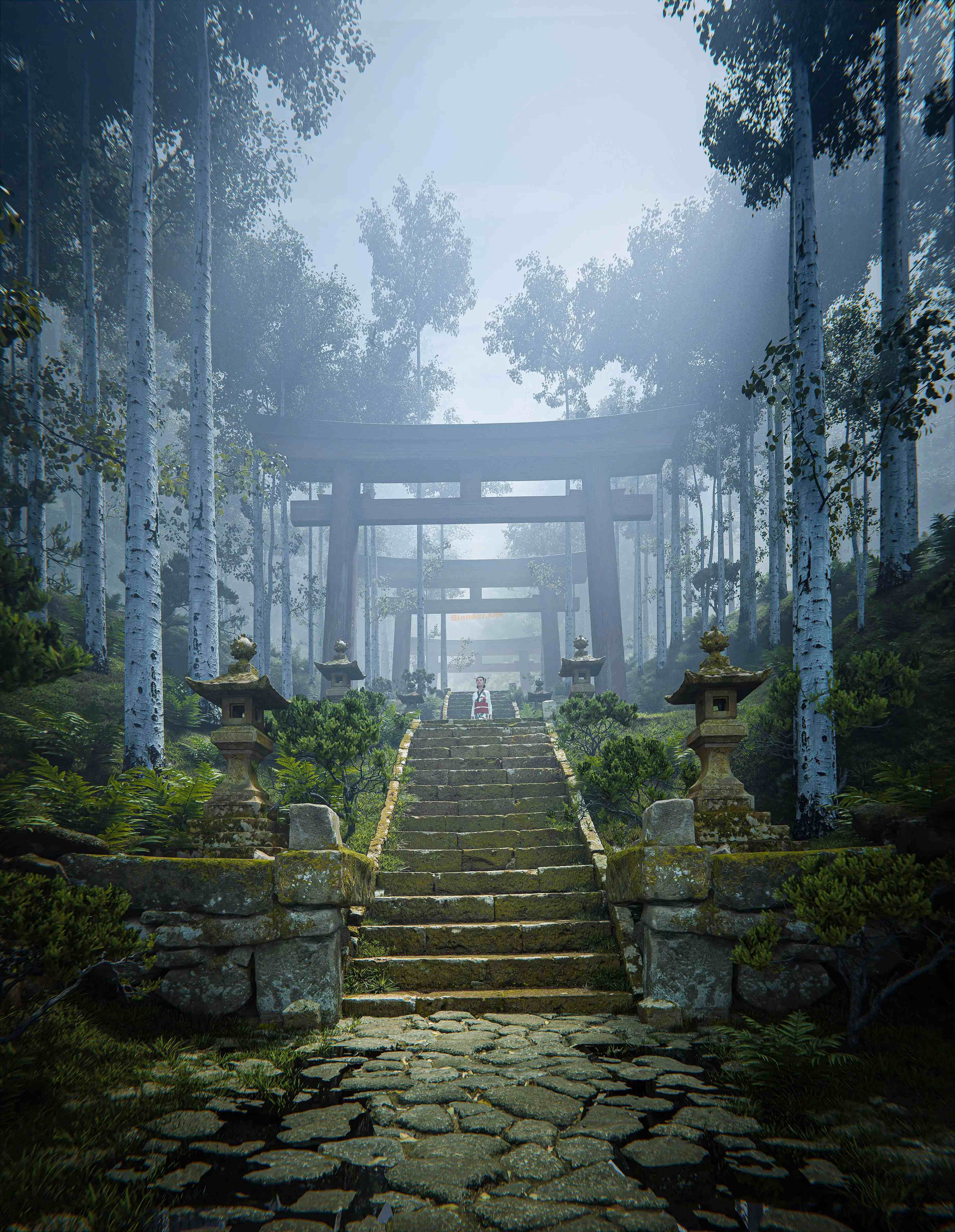 Blender日本动漫风山林古道鸟居3d模型 风吹树动叶落动画场景-魔酷网