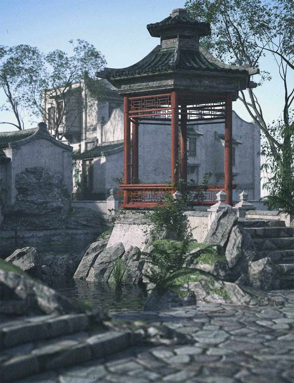 Blender中国风古建筑亭台楼阁庭院古风场景-魔酷网