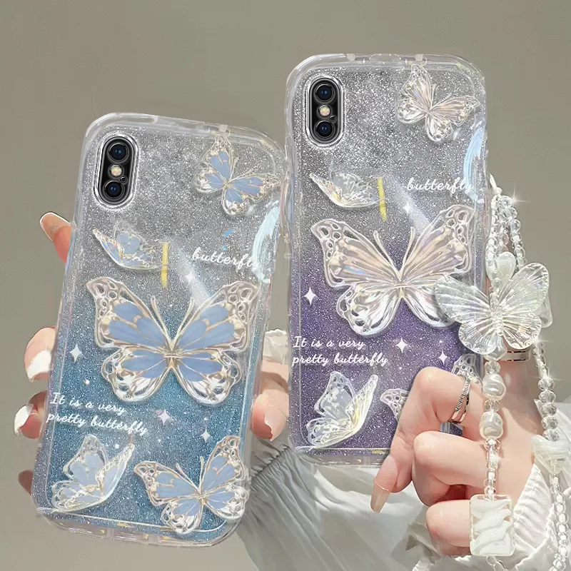 Apple X/Xs/Xr/Xsmax Mobile Phone Case Transparent Soft Case X/Xs/Xr/Xsmax All-Inclusive Anti-Fall Cute Silicone Trendy Luxury High-End Butterfly Bracelet
