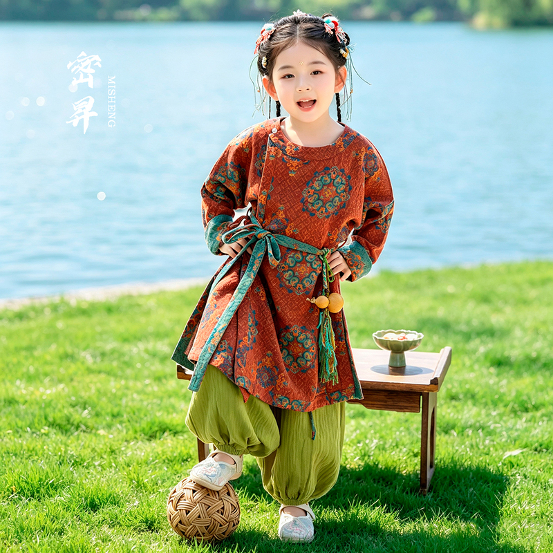 Everyday Wearable Children's Tang Dynasty Clothing, Round-Neck Robe, Girls' Hanfu, Tang Dynasty Ancient Style, Little Girls' Spring and Autumn Tang Suit, Ancient Costume