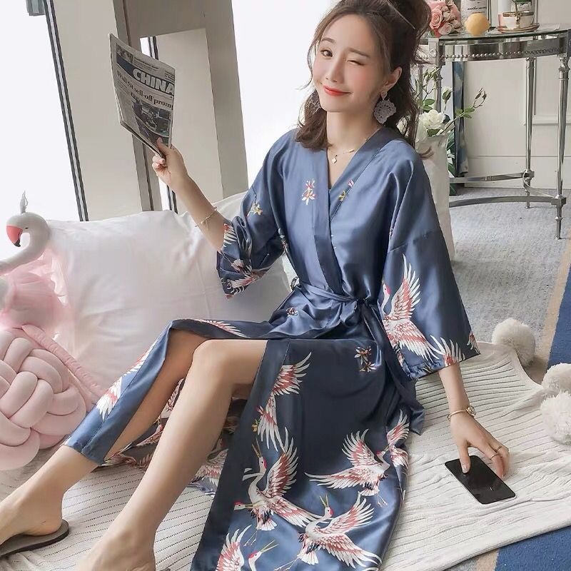Pajamas women's summer simulation silk sexy nightgown women's summer bridesmaid wedding dressing gown women's long version large size pajamas bathrobe women's summer