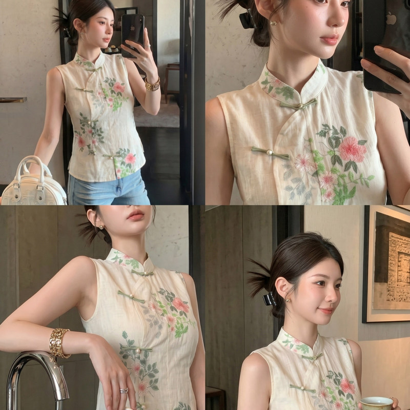 New Chinese-Style National Embroidery Floral Vest for Women, 2026 Summer Vintage Zen-Inspired Modified Cheongsam Collar Sleeveless Top New Chinese-Style National Embroidery Floral Vest for Women, 2026 Summer Vintage Zen-Inspired Modified Cheongsam Collar Sleeveless Top