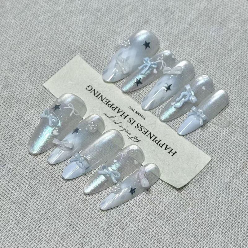 Handmade Press-On Nails with Bow and Star Designs, French Style Press-On Nails, 2026 New Model with a High-End Feel