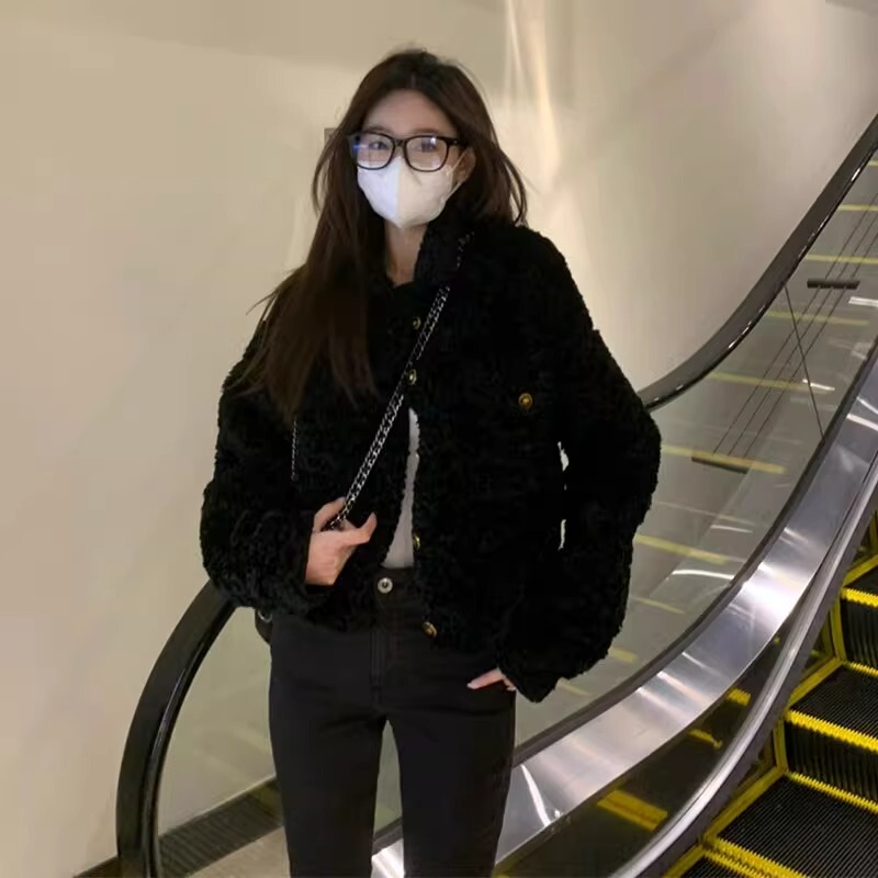 Black Lamb Wool Coat for Women, 2026 Spring New Style, Chanel-Inspired Teddy Bear Curly Fur Haining Fur Coat