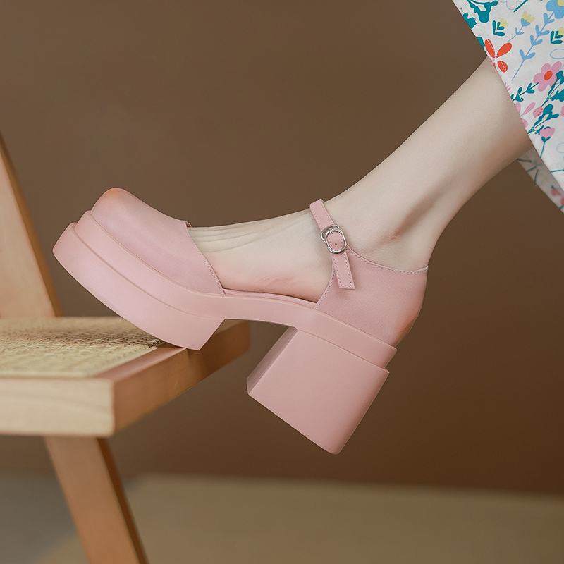 9cm Ultra-High Heel Chunky Heel Hollow Sandals for Women, Closed-Toe Blush Pink Mary Jane Shoes, New Spring/Summer Single Shoes 9cm Ultra-High Heel Chunky Heel Hollow Sandals for Women, Closed-Toe Blush Pink Mary Jane Shoes, New Spring/Summer Single Shoes