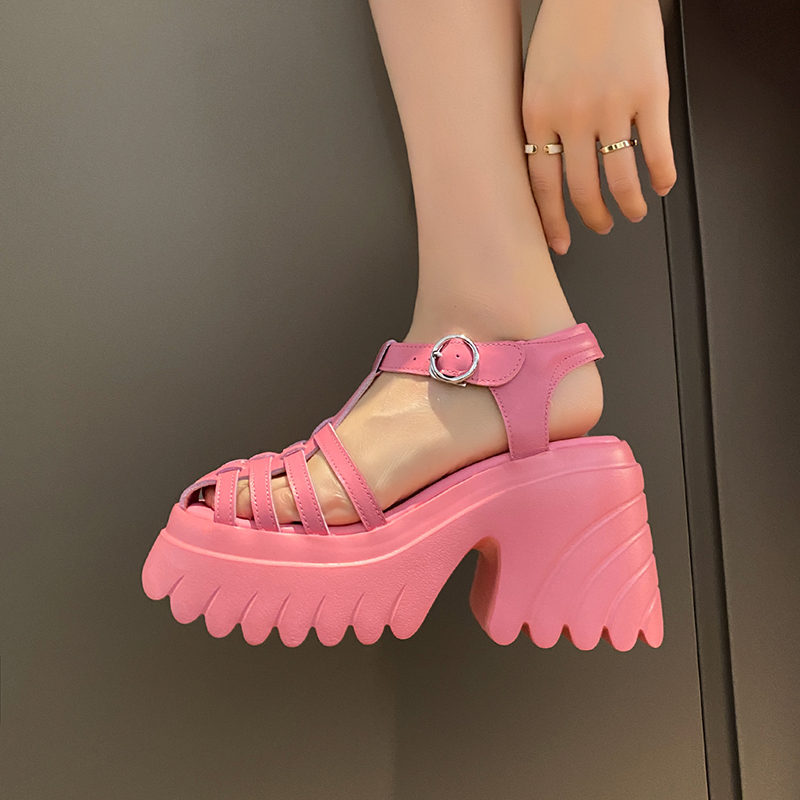 Super High-Heeled Chunky Heel Sandals for Women, New Fashion Thick-Soled Waterproof Platform Closed-Toe Genuine Leather Pig Cage Shoes for Petite Women, Size 33