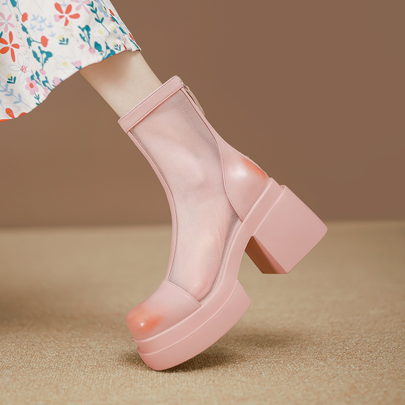 9cm Ultra-High Heel Chunky Heel Platform Mesh Boots for Women, New Summer Pink Hollow Mesh Breathable Short Boots, Square Toe Martin Boots 9cm Ultra-High Heel Chunky Heel Platform Mesh Boots for Women, New Summer Pink Hollow Mesh Breathable Short Boots, Square Toe Martin Boots