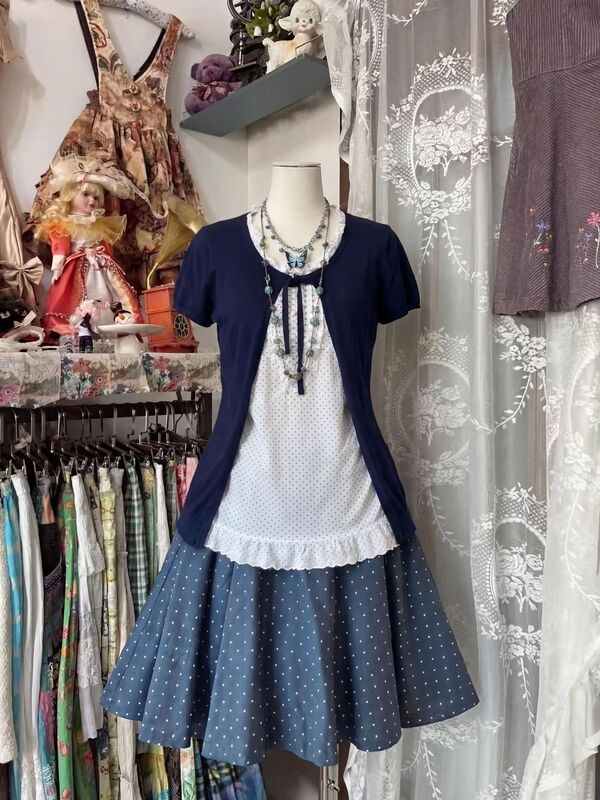 Vintage Japanese-Style Polka Dot Top + Cardigan + Polka Dot Skirt Three-Piece Set for Petite Sizes