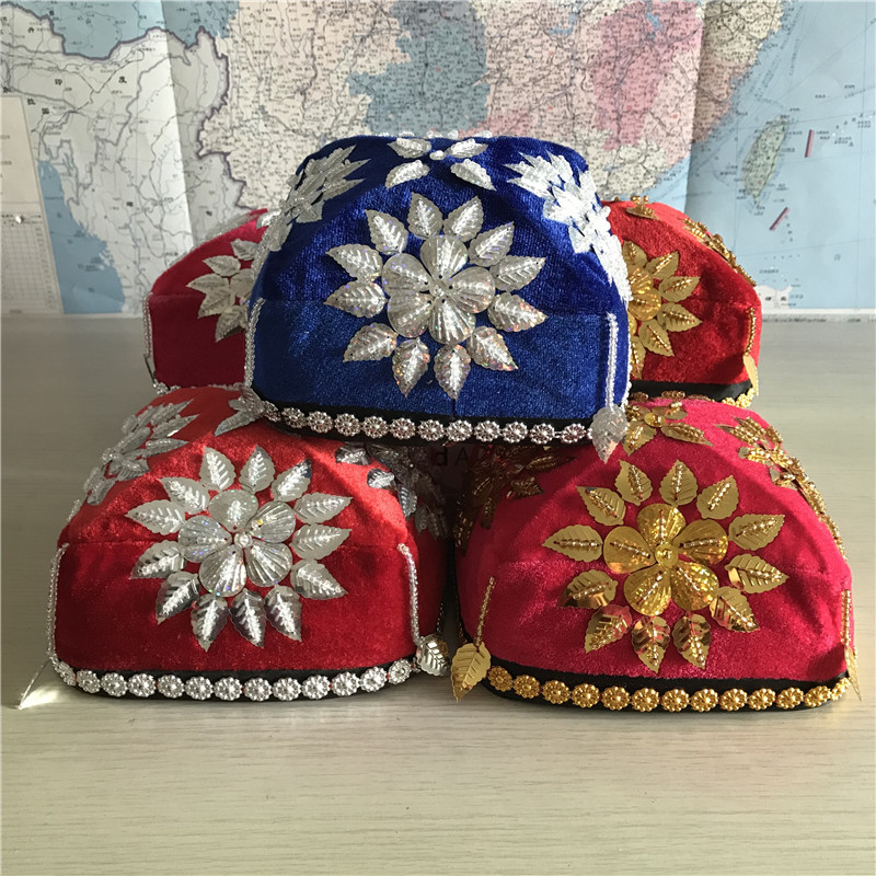 Xinjiang dance hat performance headwear lady's four-corner flower hat sunflowers sequin stage performance Vie small flower hat-Taobao
