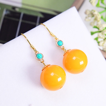 Beeswax earrings S925 silver simple versatile round earrings fashionable temperament chicken fat yellow amber atmospheric womens earrings
