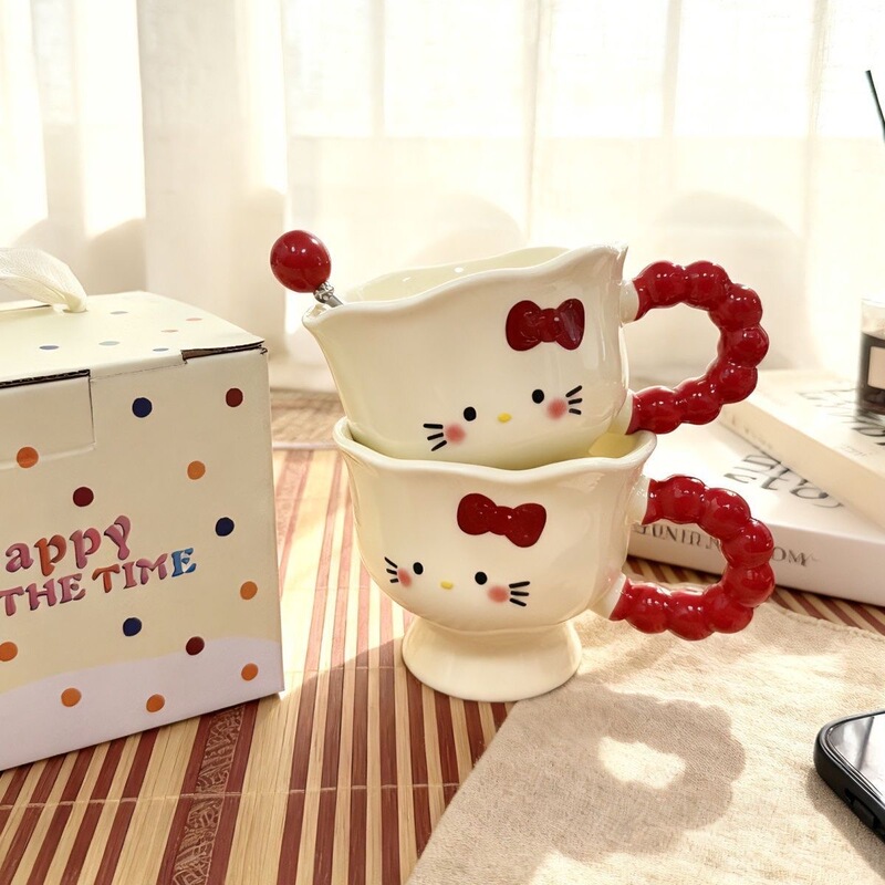 Hello Kitty Cartoon Ceramic Mug with Red Bead Handle Birthday Gift Gift Box Ceramic Cup for Drinking Water
