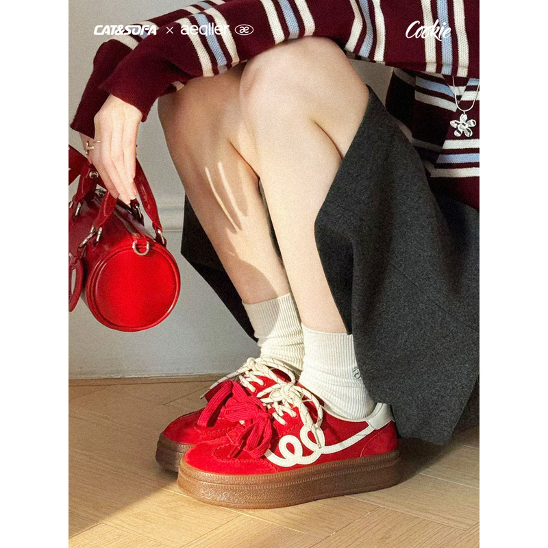 【Cookie Series】Cat and Sofa × Aeqller/Red German Training Shoes Height-Increasing Sneakers Casual Shoes for Women