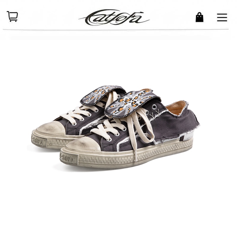 Catsofa/Deconstructive Y2K Distressed Canvas Shoes with Tongue, Closed Toe, Low-Top, Patchwork Casual Shoes