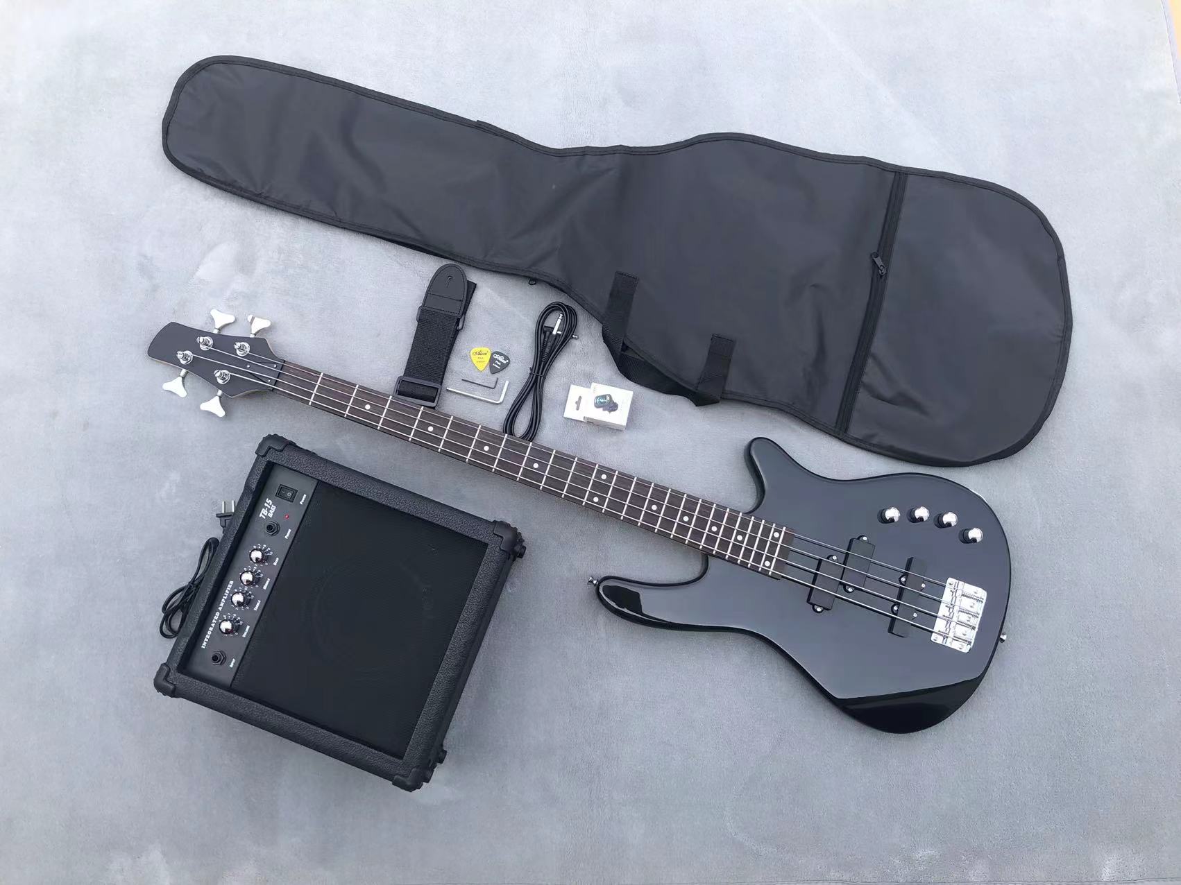 初心者向け特別セール：4 弦、メタリック ブラック光沢仕上げの P/J エレクトリック ベース スピーカー セット。