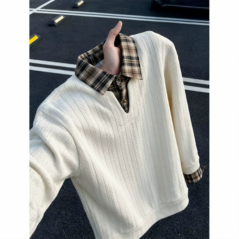Autumn and Winter Herringbone Texture Faux Two-Piece Long-Sleeve Polo Shirt Sweatshirt for Men, Vintage Old Money Style with a Husband-Like Feel, Turn-Down Collar Jacket