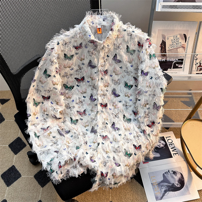 Niche High-End Butterfly Tassel Long-Sleeve Shirt for Men and Women, Spring and Summer Trendy Brand Couple's Retro Loose Shirt Jacket