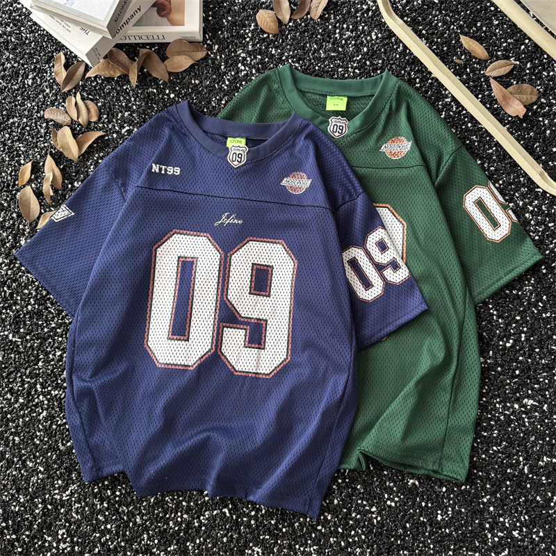 Number 09 Printed Short-Sleeved Baseball Uniform for Men, Summer American Retro Loose Casual Mesh Breathable Half-Sleeved T-Shirt