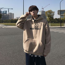 ins harbor wind loose hooded sweater men trend autumn and winter students simple joker hoodie plus velvet topped top