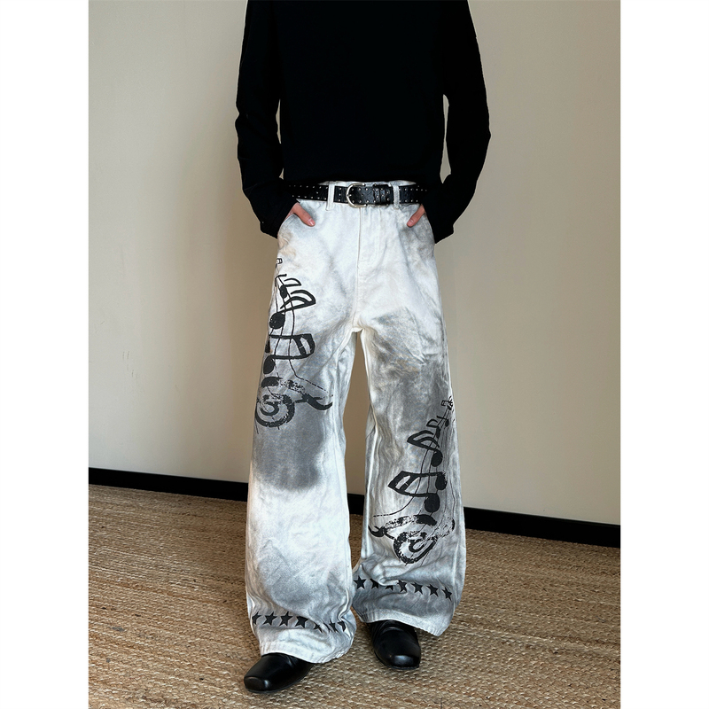 Niche Yabi Style Musical Note Dirty-Dye Graffiti Print Jeans for Men, American High Street Washed Design Wide-Leg Pants Niche Yabi Style Musical Note Dirty-Dye Graffiti Print Jeans for Men, American High Street Washed Design Wide-Leg Pants