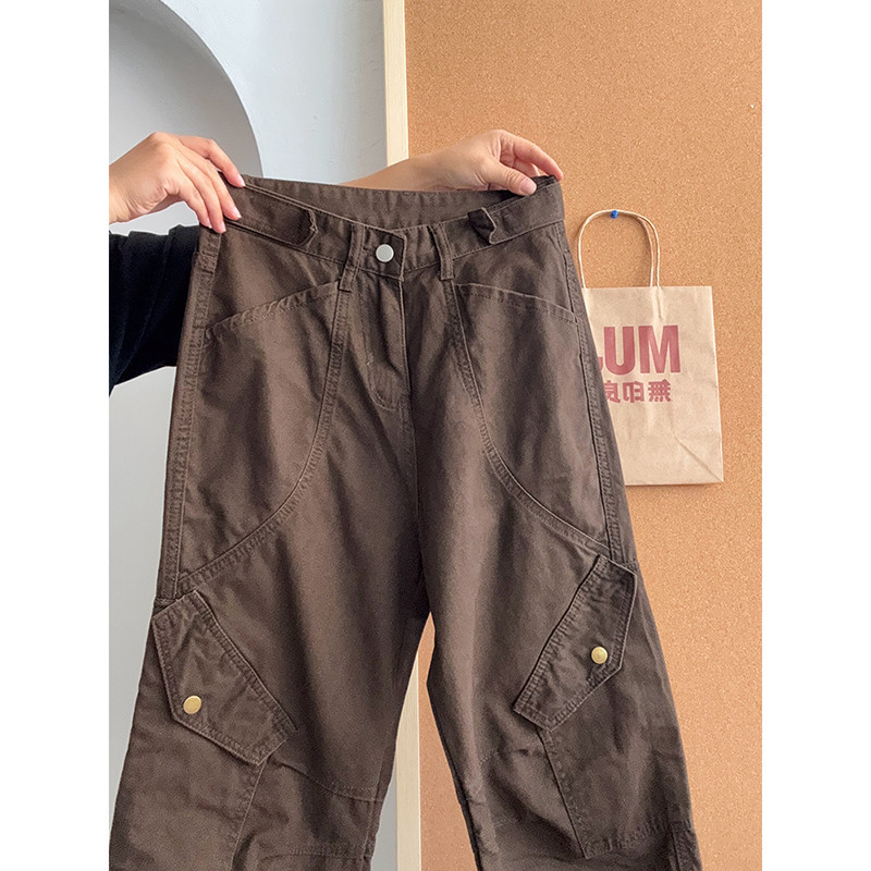 Brown Workwear Denim Pants for Men and Women with Multiple Pockets, Casual Loose Straight-Leg Cleanfit Pleated Pants Brown Workwear Denim Pants for Men and Women with Multiple Pockets, Casual Loose Straight-Leg Cleanfit Pleated Pants