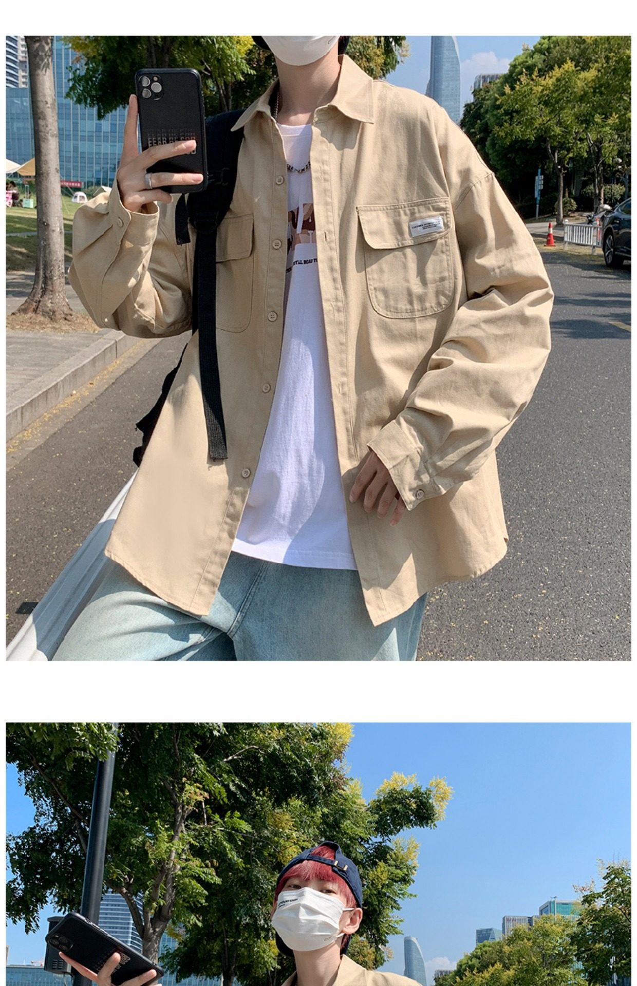 日系cityboy翻领衬衫男春秋季宽松百搭简约纯色外套帅气工装上衣详情9