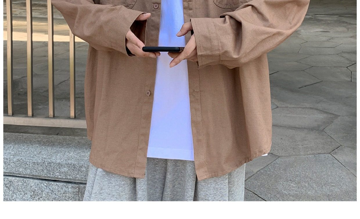 日系cityboy翻领衬衫男春秋季宽松百搭简约纯色外套帅气工装上衣详情24