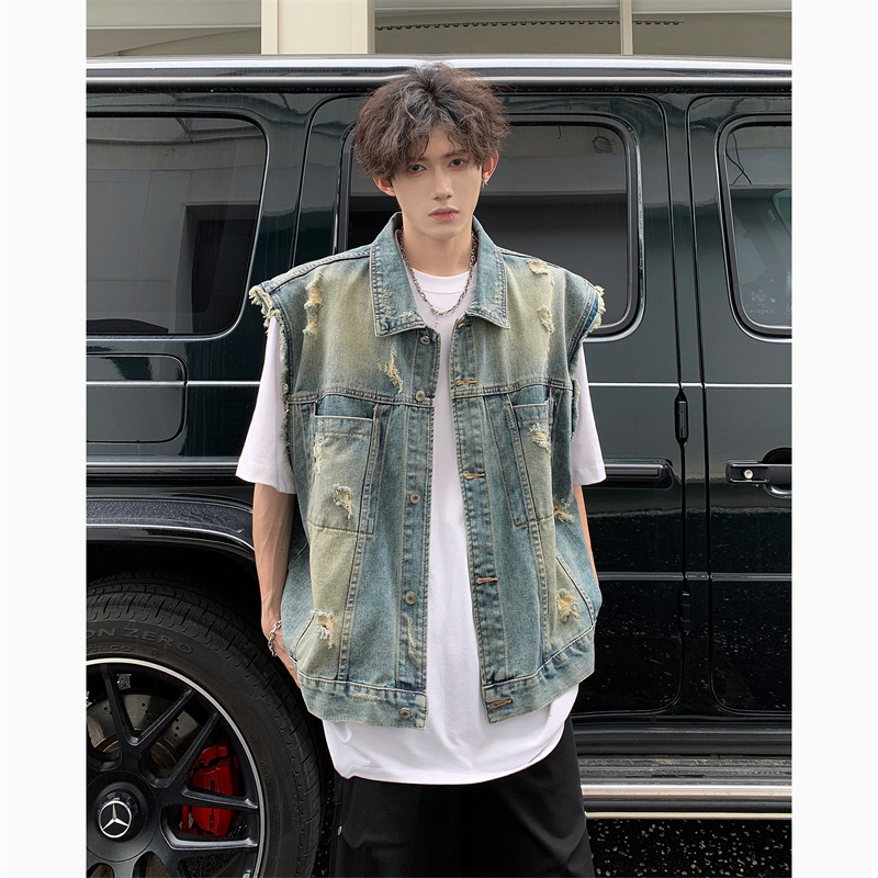 American-Style Washed Denim Vest for Men, Summer Style, Trendy Brand, Loose, Casual, Versatile, Cool and Stylish, Distressed Sleeveless Jacket
