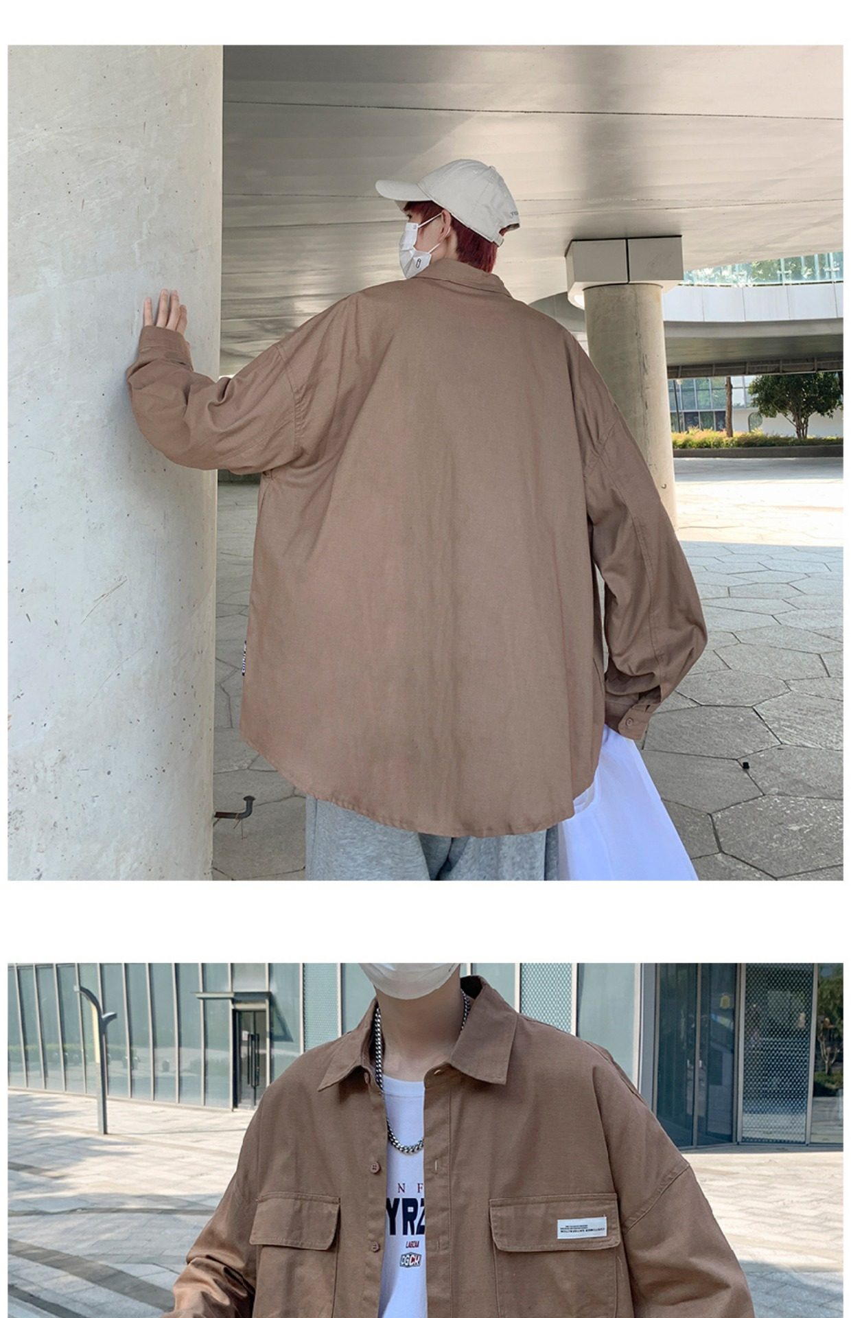 日系cityboy翻领衬衫男春秋季宽松百搭简约纯色外套帅气工装上衣详情29