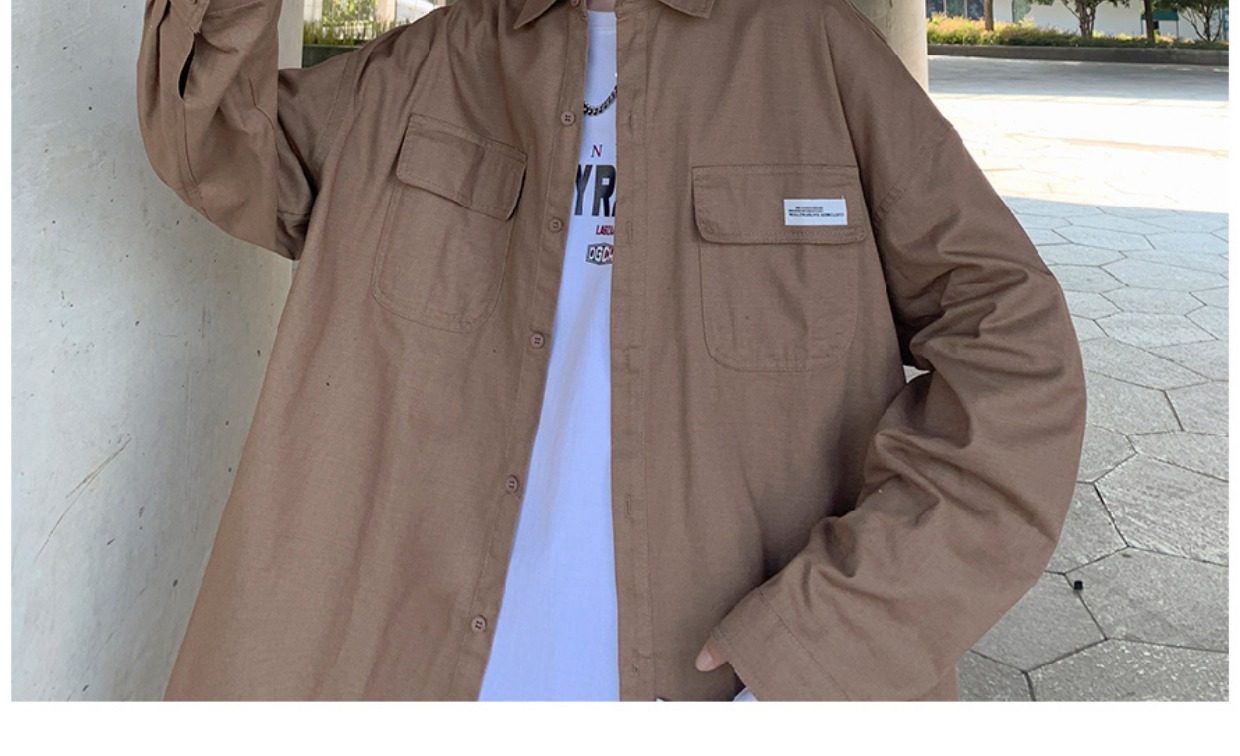 日系cityboy翻领衬衫男春秋季宽松百搭简约纯色外套帅气工装上衣详情28