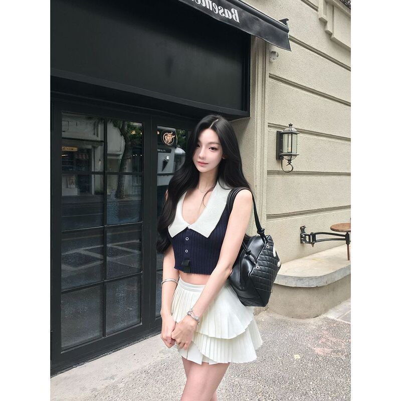 Summer Navy Style Youthful Low-Cut V-Neck Color-Blocked Sleeveless Ribbed Knit Tank Top with Exposed Waist Short Top
