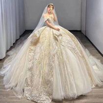 202021 new forest dream main wedding dress one-sided shoulder cover arm heavy industry luxury big tail high-end