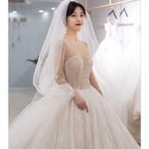 2021 new bride long-sleeved heavy industry luxury princess fantasy simple tutu temperament starry sky trailing wedding dress