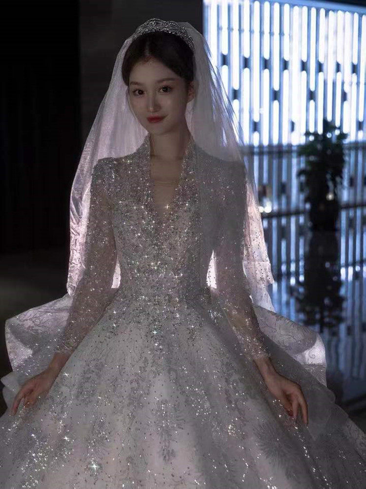 Long sleeves Wedding Dress 2021 New Brides Wedding main wedding dress Winter style High-end luxury Extravagant Reworked Great Tug Tail