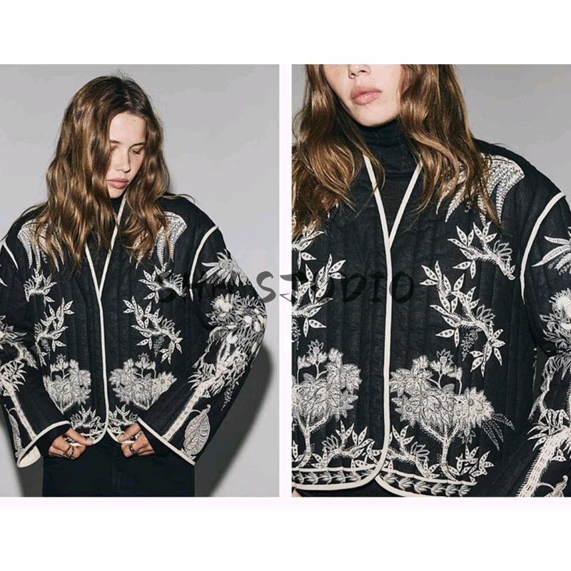 冬季新品女装欧美风V领长袖印花绗缝薄棉短款夹克外套 1316449