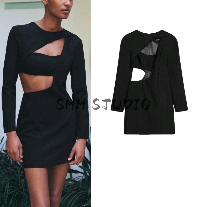 Summer Women's European and American Style Open Design Round Neck Long Sleeve Hollow Decorative Mini Dress 2799536