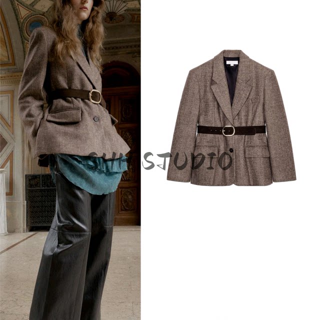 New winter women's lapel long-sleeved shoulder pads and belt herringbone twill suit jacket 4387263