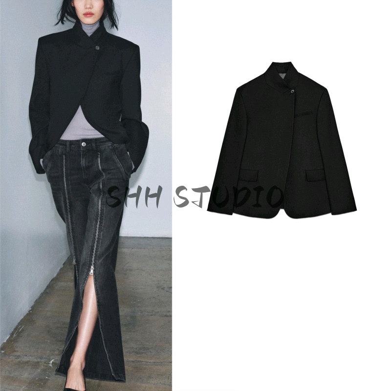 Spring New Women's Clothing French Design Simple High-Neck Long-Sleeve Pocket Trim Blazer 2029044